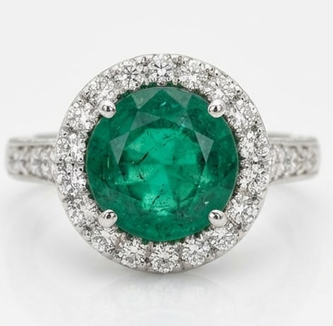 3.0 Ct Round Natural Emerald 14K White Gold Halo Setting with Pave Shank Ring - Certified: This certified fine jewelry piece features a 3.0 carat natural Emerald in a Round cut, crafted in 14K White Gold. The Halo Setting with Pave Shank design highlights the beauty of the natural center st