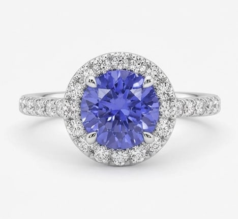 2.5 Ct Round Natural Tanzanite 14K White Gold Halo Setting with Pave Shank Ring - Certified: This certified fine jewelry piece features a 2.5 carat natural Tanzanite in a Round cut, crafted in 14K White Gold. The Halo Setting with Pave Shank design highlights the beauty of the natural center 