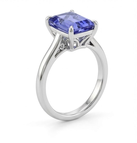 3.0 Ct Emerald Natural Tanzanite 14K White Gold Cathedral Solitaire Ring - Certified: This certified fine jewelry piece features a 3.0 carat natural Tanzanite in a Emerald cut, crafted in 14K White Gold. The Cathedral Solitaire design highlights the beauty of the natural center stone. 
