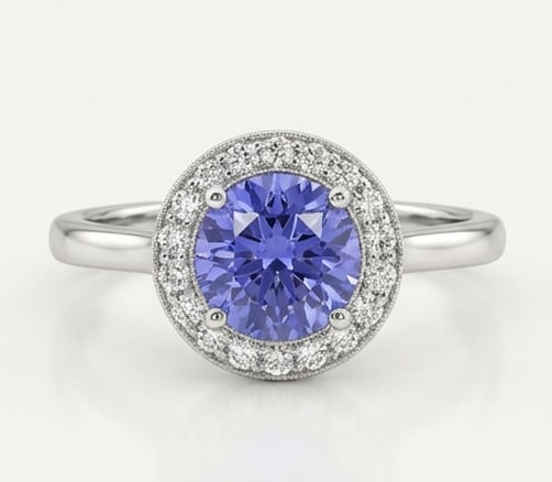 3.0 Ct Round Natural Tanzanite 14K White Gold Halo Setting with Plain Shank Ring - Certified: This certified fine jewelry piece features a 3.0 carat natural Tanzanite in a Round cut, crafted in 14K White Gold. The Halo Setting with Plain Shank design highlights the beauty of the natural center