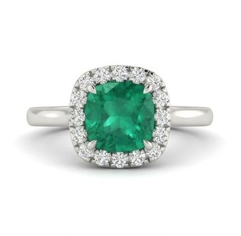 2.5 Ct Cushion Natural Emerald 14K White Gold Halo Setting with Plain Shank Ring - Certified: This certified fine jewelry piece features a 2.5 carat natural Emerald in a Cushion cut, crafted in 14K White Gold. The Halo Setting with Plain Shank design highlights the beauty of the natural center