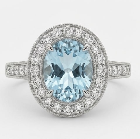 3.0 Ct Oval Natural Aquamarine 14K White Gold Halo Setting with Split Shank Ring - Certified: This certified fine jewelry piece features a 3.0 carat natural Aquamarine in a Oval cut, crafted in 14K White Gold. The Halo Setting with Split Shank design highlights the beauty of the natural center