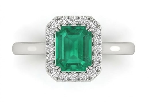 3.0 Ct Emerald Natural Emerald 14K White Gold Halo Setting with Plain Shank Ring - Certified: This certified fine jewelry piece features a 3.0 carat natural Emerald in a Emerald cut, crafted in 14K White Gold. The Halo Setting with Plain Shank design highlights the beauty of the natural center