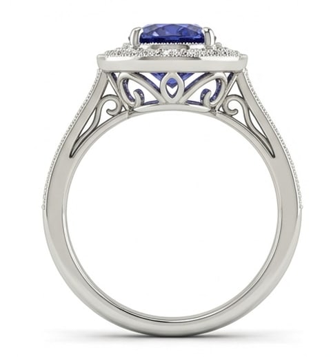 2.5 Ct Cushion Natural Tanzanite 14K White Gold Halo Setting with Gallery Detail Ring - Certified: This certified fine jewelry piece features a 2.5 carat natural Tanzanite in a Cushion cut, crafted in 14K White Gold. The Halo Setting with Gallery Detail design highlights the beauty of the natural c