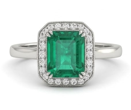 4.0 Ct Emerald Natural Emerald 14K White Gold Halo Setting with Plain Shank Ring - Certified (1 of 4)