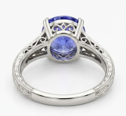 3.0 Ct Oval Natural Tanzanite 14K White Gold Vintage Scroll/Filigree Solitaire Ring - Certified: This certified fine jewelry piece features a 3.0 carat natural Tanzanite in a Oval cut, crafted in 14K White Gold. The Vintage Scroll/Filigree Solitaire design highlights the beauty of the natural cen