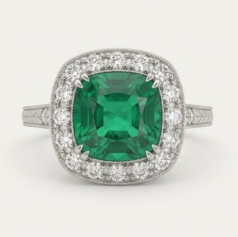 3.5 Ct Cushion Natural Emerald 14K White Gold Vintage Halo with Engraved Shank Ring - Certified: This certified fine jewelry piece features a 3.5 carat natural Emerald in a Cushion cut, crafted in 14K White Gold. The Vintage Halo with Engraved Shank design highlights the beauty of the natural cen