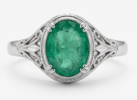 4.5 Ct Oval Natural Emerald 14K White Gold Vintage Solitaire with Filigree Ring - Certified: This certified fine jewelry piece features a 4.5 carat natural Emerald in a Oval cut, crafted in 14K White Gold. The Vintage Solitaire with Filigree design highlights the beauty of the natural center 