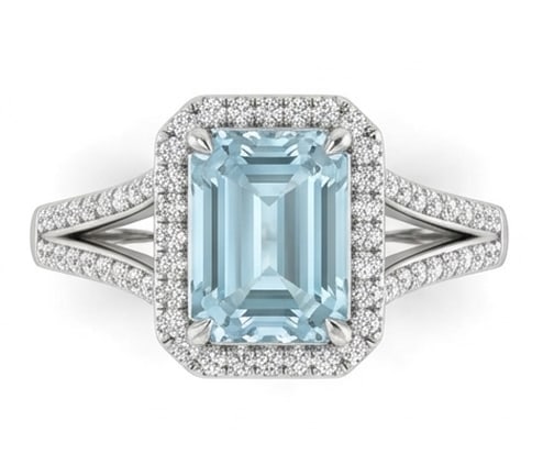 5.0 Ct Emerald Natural Aquamarine 14K White Gold Halo Setting with Split Shank Ring - Certified: This certified fine jewelry piece features a 5.0 carat natural Aquamarine in a Emerald cut, crafted in 14K White Gold. The Halo Setting with Split Shank design highlights the beauty of the natural cen