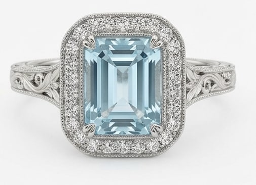 3.5 Ct Emerald Natural Aquamarine 14K White Gold Halo Setting with Vintage Shank Ring - Certified: This certified fine jewelry piece features a 3.5 carat natural Aquamarine in a Emerald cut, crafted in 14K White Gold. The Halo Setting with Vintage Shank design highlights the beauty of the natural c