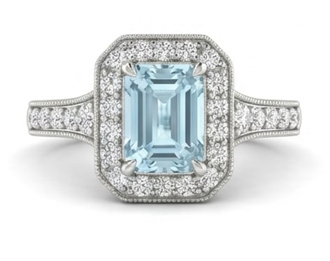 3.5 Ct Emerald Natural Aquamarine 14K White Gold Halo Setting with Split Shank Ring - Certified: This certified fine jewelry piece features a 3.5 carat natural Aquamarine in a Emerald cut, crafted in 14K White Gold. The Halo Setting with Split Shank design highlights the beauty of the natural cen