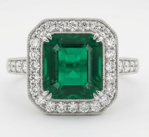3.5 Ct Emerald Natural Emerald 14K White Gold Halo Setting with Pave Shank Ring - Certified (1 of 4)