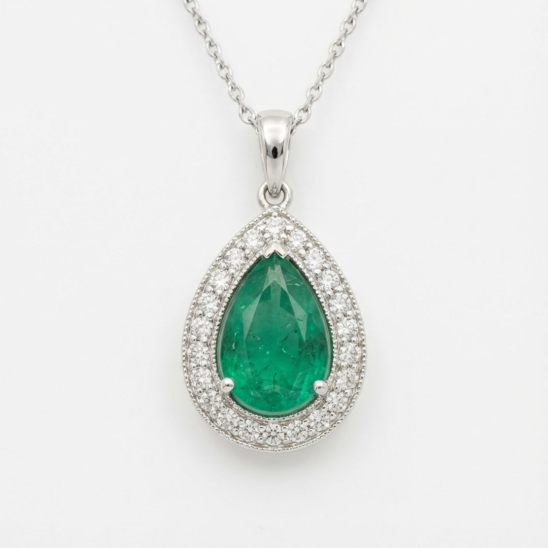 2.0 Ct Pear Natural Emerald 14K White Gold Halo Pendant - Certified: This certified fine jewelry piece features a 2.0 carat natural Emerald in a Pear cut, crafted in 14K White Gold. The Halo Pendant design highlights the beauty of the natural center stone. It is accent