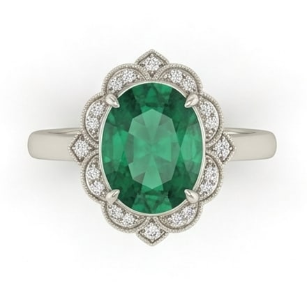 3.5 Ct Oval Natural Emerald 14K White Gold Vintage Scalloped/Floral Halo Ring - Certified: This certified fine jewelry piece features a 3.5 carat natural Emerald in a Oval cut, crafted in 14K White Gold. The Vintage Scalloped/Floral Halo design highlights the beauty of the natural center st