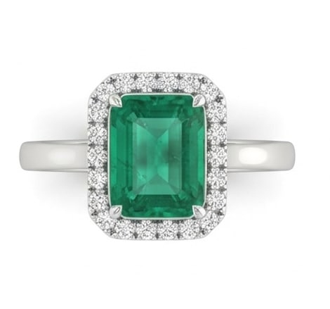 3.5 Ct Emerald Natural Emerald 14K White Gold Halo Setting with Plain Shank Ring - Certified: This certified fine jewelry piece features a 3.5 carat natural Emerald in a Emerald cut, crafted in 14K White Gold. The Halo Setting with Plain Shank design highlights the beauty of the natural center