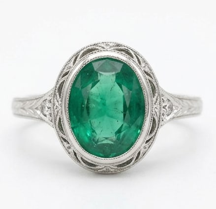 3.0 Ct Oval Natural Emerald 14K White Gold Vintage Solitaire (Split Shank) Ring - Certified: This certified fine jewelry piece features a 3.0 carat natural Emerald in a Oval cut, crafted in 14K White Gold. The Vintage Solitaire (Split Shank) design highlights the beauty of the natural center 