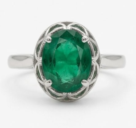 3.0 Ct Oval Natural Emerald 14K White Gold Vintage Bezel/Scalloped Setting Ring - Certified: This certified fine jewelry piece features a 3.0 carat natural Emerald in a Oval cut, crafted in 14K White Gold. The Vintage Bezel/Scalloped Setting design highlights the beauty of the natural center 