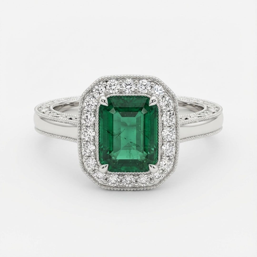 2.0 Ct Emerald Natural Emerald 14K White Gold Halo Setting with Vintage Shank Ring - Certified: This certified fine jewelry piece features a 2.0 carat natural Emerald in a Emerald cut, crafted in 14K White Gold. The Halo Setting with Vintage Shank design highlights the beauty of the natural cent