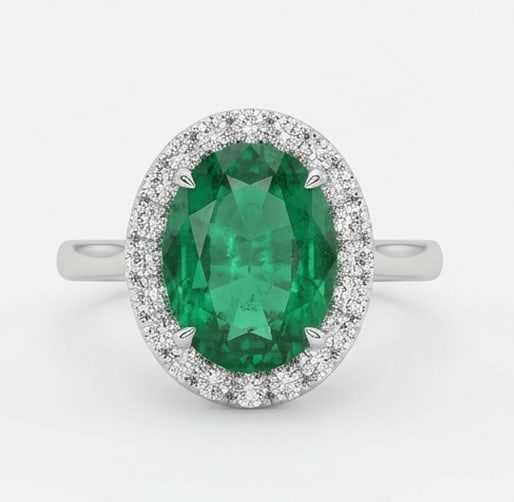 2.5 Ct Oval Natural Emerald 14K White Gold Halo Setting with Plain Shank Ring - Certified: This certified fine jewelry piece features a 2.5 carat natural Emerald in a Oval cut, crafted in 14K White Gold. The Halo Setting with Plain Shank design highlights the beauty of the natural center st