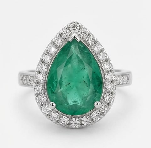3.5 Ct Pear Natural Emerald 14K White Gold Halo Setting with Pave Shank Ring - Certified (1 of 3)