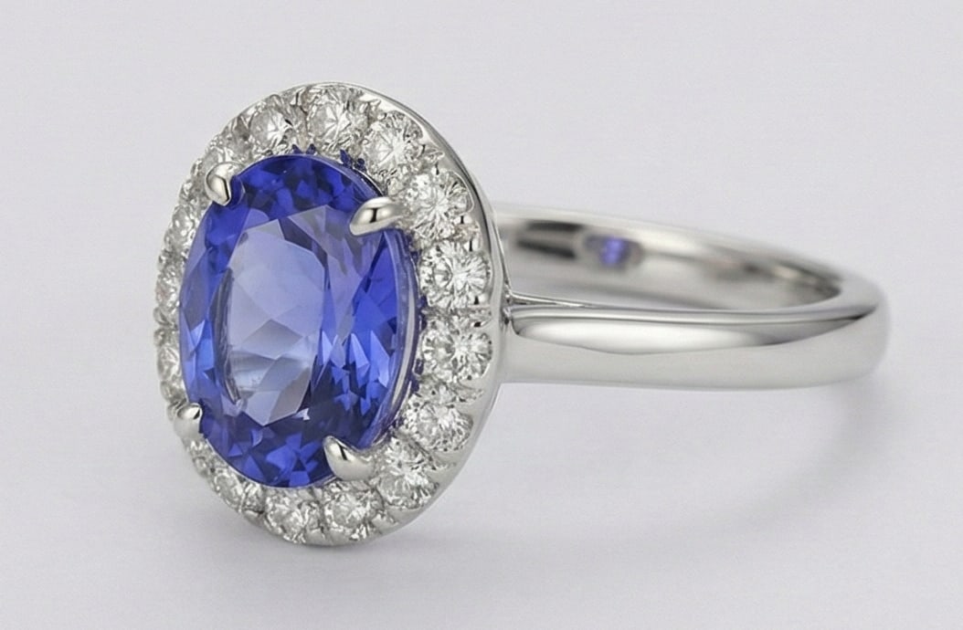 2.0 Ct Oval Natural Tanzanite 14K White Gold Halo Setting with Plain Shank Ring - Certified: This certified fine jewelry piece features a 2.0 carat natural Tanzanite in a Oval cut, crafted in 14K White Gold. The Halo Setting with Plain Shank design highlights the beauty of the natural center 