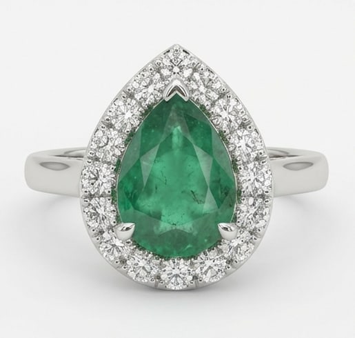 2.5 Ct Pear Natural Emerald 14K White Gold Halo Setting with Plain Shank Ring - Certified: This certified fine jewelry piece features a 2.5 carat natural Emerald in a Pear cut, crafted in 14K White Gold. The Halo Setting with Plain Shank design highlights the beauty of the natural center st