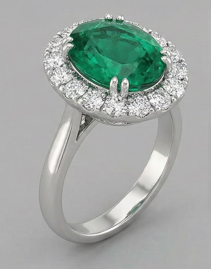 4.5 Ct Oval Natural Emerald 14K White Gold Halo Setting with Plain Shank Ring - Certified: This certified fine jewelry piece features a 4.5 carat natural Emerald in a Oval cut, crafted in 14K White Gold. The Halo Setting with Plain Shank design highlights the beauty of the natural center st