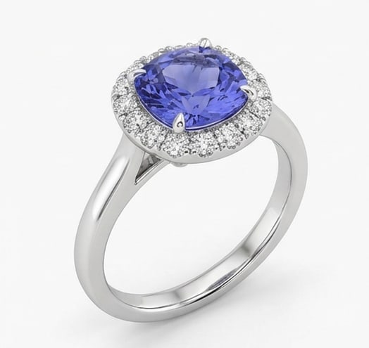 3.0 Ct Cushion Natural Tanzanite 14K White Gold Halo Setting with Split Shank Ring - Certified: This certified fine jewelry piece features a 3.0 carat natural Tanzanite in a Cushion cut, crafted in 14K White Gold. The Halo Setting with Split Shank design highlights the beauty of the natural cent
