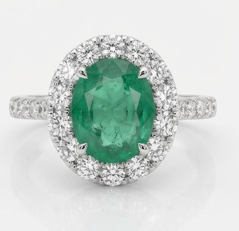 2.5 Ct Oval Natural Emerald 14K White Gold Halo Setting with Pave Shank Ring - Certified: This certified fine jewelry piece features a 2.5 carat natural Emerald in a Oval cut, crafted in 14K White Gold. The Halo Setting with Pave Shank design highlights the beauty of the natural center sto