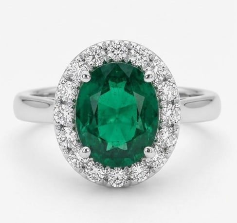 3.0 Ct Oval Natural Emerald 14K White Gold Halo Setting with Plain Shank Ring - Certified: This certified fine jewelry piece features a 3.0 carat natural Emerald in a Oval cut, crafted in 14K White Gold. The Halo Setting with Plain Shank design highlights the beauty of the natural center st