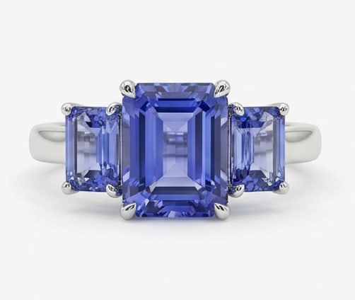 3.5 Ct Emerald Natural Tanzanite 14K White Gold Three-Stone (Tanzanite Sides) Ring - Certified: This certified fine jewelry piece features a 3.5 carat natural Tanzanite in a Emerald cut, crafted in 14K White Gold. The Three-Stone (Tanzanite Sides) design highlights the beauty of the natural cent