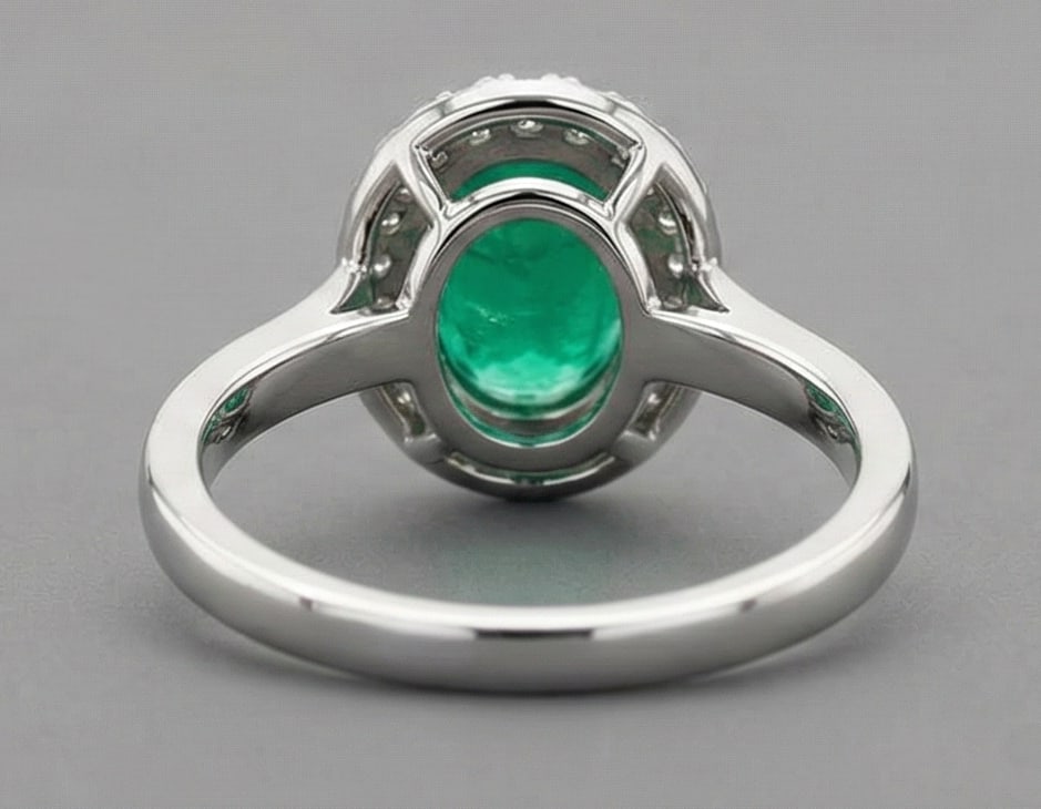 3.0 Ct Oval Natural Emerald 14K White Gold Halo Setting with Plain Shank Ring - Certified: This certified fine jewelry piece features a 3.0 carat natural Emerald in a Oval cut, crafted in 14K White Gold. The Halo Setting with Plain Shank design highlights the beauty of the natural center st