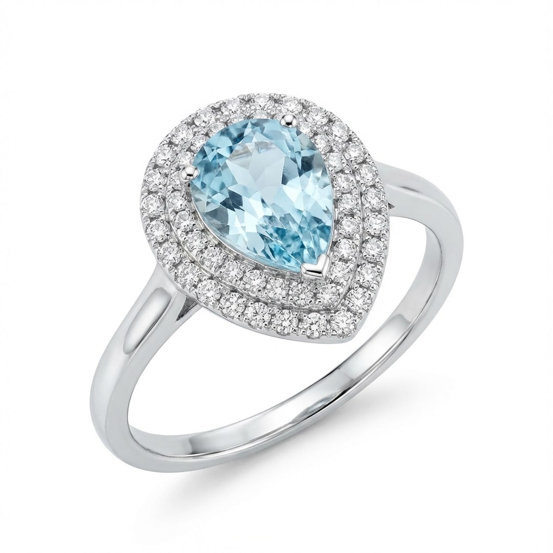 2.0 Ct Pear Natural Aquamarine 14K White Gold Double Halo Setting Ring - Certified: This certified fine jewelry piece features a 2.0 carat natural Aquamarine in a Pear cut, crafted in 14K White Gold. The Double Halo Setting design highlights the beauty of the natural center stone. It
