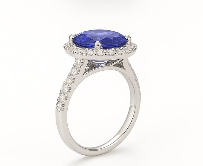 2.5 Ct Oval Natural Tanzanite 14K White Gold Halo Setting with Cathedral Shank Ring - Certified: This certified fine jewelry piece features a 2.5 carat natural Tanzanite in a Oval cut, crafted in 14K White Gold. The Halo Setting with Cathedral Shank design highlights the beauty of the natural cen