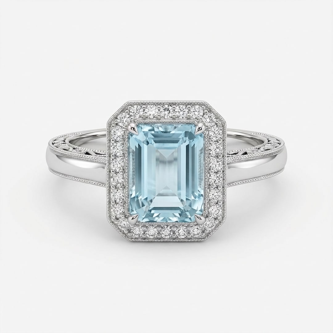 3.0 Ct Emerald Natural Aquamarine 14K White Gold Vintage Halo with Engraved Shank Ring - Certified: This certified fine jewelry piece features a 3.0 carat natural Aquamarine in a Emerald cut, crafted in 14K White Gold. The Vintage Halo with Engraved Shank design highlights the beauty of the natural 