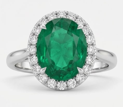 3.5 Ct Oval Natural Emerald 14K White Gold Halo Setting with Pave Shank Ring - Certified: This certified fine jewelry piece features a 3.5 carat natural Emerald in a Oval cut, crafted in 14K White Gold. The Halo Setting with Pave Shank design highlights the beauty of the natural center sto