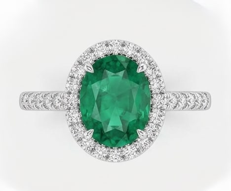 3.0 Ct Oval Natural Emerald 14K White Gold Halo Setting with Pave Shank Ring - Certified: This certified fine jewelry piece features a 3.0 carat natural Emerald in a Oval cut, crafted in 14K White Gold. The Halo Setting with Pave Shank design highlights the beauty of the natural center sto