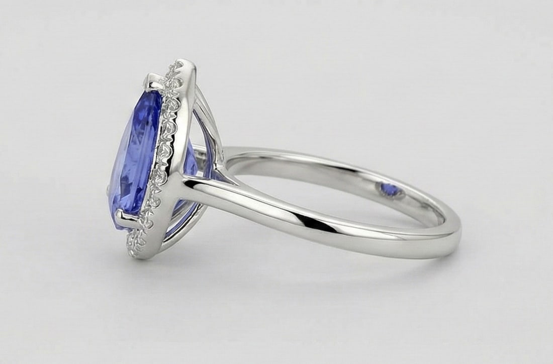 2.0 Ct Pear Natural Tanzanite 14K White Gold Halo Setting with Cathedral Shank Ring - Certified: This certified fine jewelry piece features a 2.0 carat natural Tanzanite in a Pear cut, crafted in 14K White Gold. The Halo Setting with Cathedral Shank design highlights the beauty of the natural cen