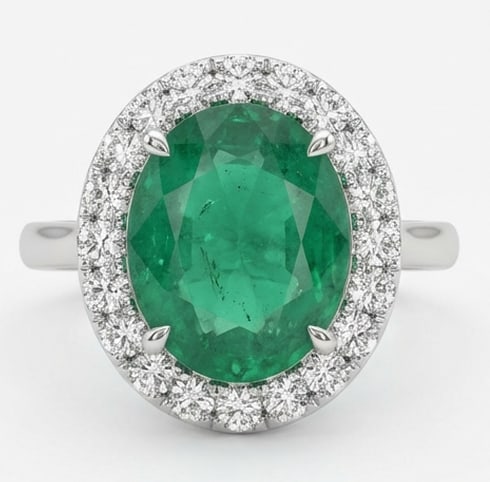 3.5 Ct Oval Natural Emerald 14K White Gold Halo Setting with Pave Shank Ring - Certified: This certified fine jewelry piece features a 3.5 carat natural Emerald in a Oval cut, crafted in 14K White Gold. The Halo Setting with Pave Shank design highlights the beauty of the natural center sto