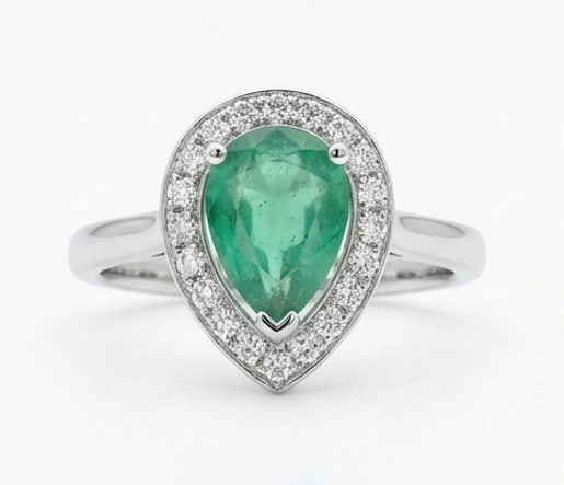 2.0 Ct Pear Natural Emerald 14K White Gold Halo Setting with Plain Shank Ring - Certified: This certified fine jewelry piece features a 2.0 carat natural Emerald in a Pear cut, crafted in 14K White Gold. The Halo Setting with Plain Shank design highlights the beauty of the natural center st