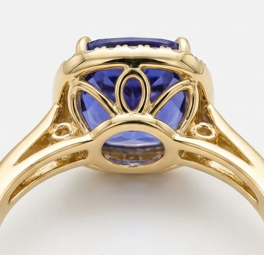 3.0 Ct Cushion Natural Tanzanite 14K Yellow Gold Halo Setting with Detailed Gallery Ring - Certified: This certified fine jewelry piece features a 3.0 carat natural Tanzanite in a Cushion cut, crafted in 14K Yellow Gold. The Halo Setting with Detailed Gallery design highlights the beauty of the natura