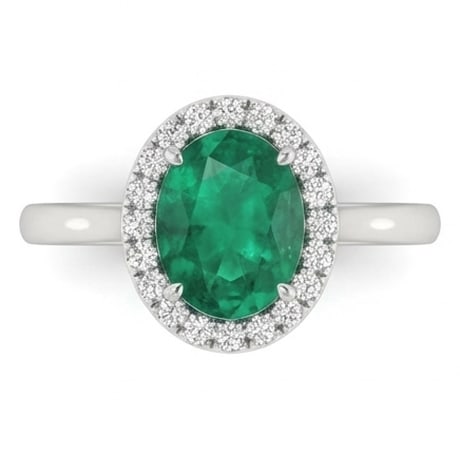 2.5 Ct Oval Natural Emerald 14K White Gold Halo Setting with Plain Shank Ring - Certified: This certified fine jewelry piece features a 2.5 carat natural Emerald in a Oval cut, crafted in 14K White Gold. The Halo Setting with Plain Shank design highlights the beauty of the natural center st