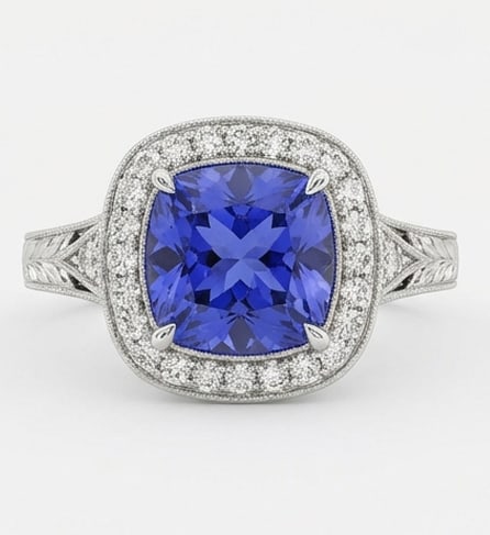 2.5 Ct Cushion Natural Tanzanite 14K White Gold Vintage Halo with Engraved Split Shank Ring - Certif: This certified fine jewelry piece features a 2.5 carat natural Tanzanite in a Cushion cut, crafted in 14K White Gold. The Vintage Halo with Engraved Split Shank design highlights the beauty of the nat