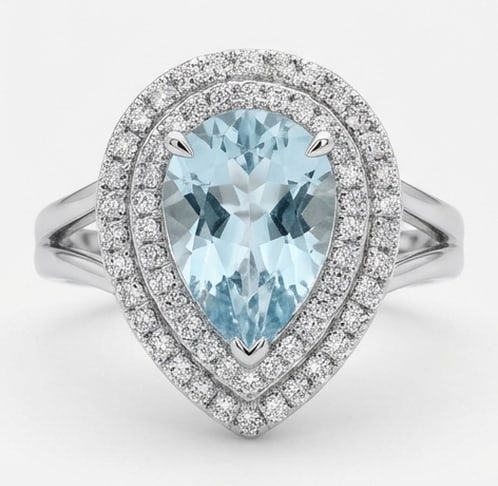 3.0 Ct Pear Natural Aquamarine 14K White Gold Double Halo with Split Shank Ring - Certified: This certified fine jewelry piece features a 3.0 carat natural Aquamarine in a Pear cut, crafted in 14K White Gold. The Double Halo with Split Shank design highlights the beauty of the natural center 