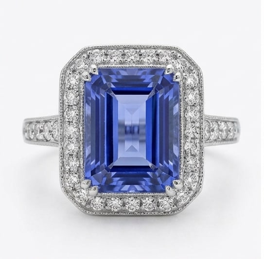 4.0 Ct Emerald Natural Tanzanite 14K White Gold Vintage Halo with Engraved Shank Ring - Certified: This certified fine jewelry piece features a 4.0 carat natural Tanzanite in a Emerald cut, crafted in 14K White Gold. The Vintage Halo with Engraved Shank design highlights the beauty of the natural c
