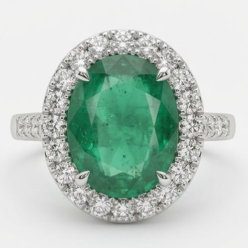 3.5 Ct Oval Natural Emerald 14K White Gold Halo Setting with Pave Shank Ring - Certified: This certified fine jewelry piece features a 3.5 carat natural Emerald in a Oval cut, crafted in 14K White Gold. The Halo Setting with Pave Shank design highlights the beauty of the natural center sto