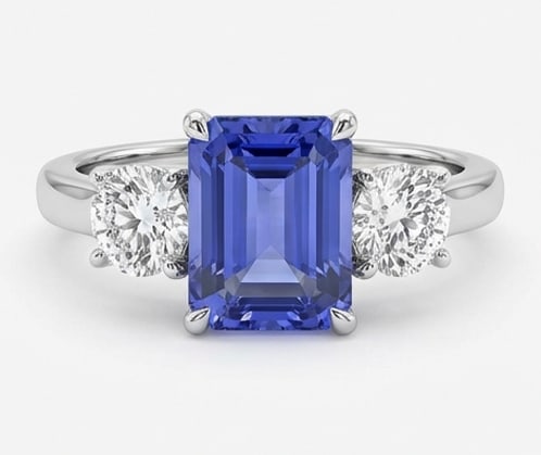 3.0 Ct Emerald Natural Tanzanite 14K White Gold Three-Stone Setting Ring - Certified: This certified fine jewelry piece features a 3.0 carat natural Tanzanite in a Emerald cut, crafted in 14K White Gold. The Three-Stone Setting design highlights the beauty of the natural center stone. 
