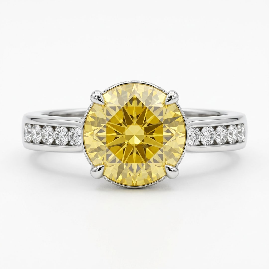 Platinum 4 Carat Round Cut Fancy Yellow Lab-Grown Diamond Ring: An elegant platinum ring featuring a certified 4 carat round brilliant-cut fancy yellow lab-grown center diamond. The vibrant yellow stone is secured with double claw prongs and accented by a subtle, 