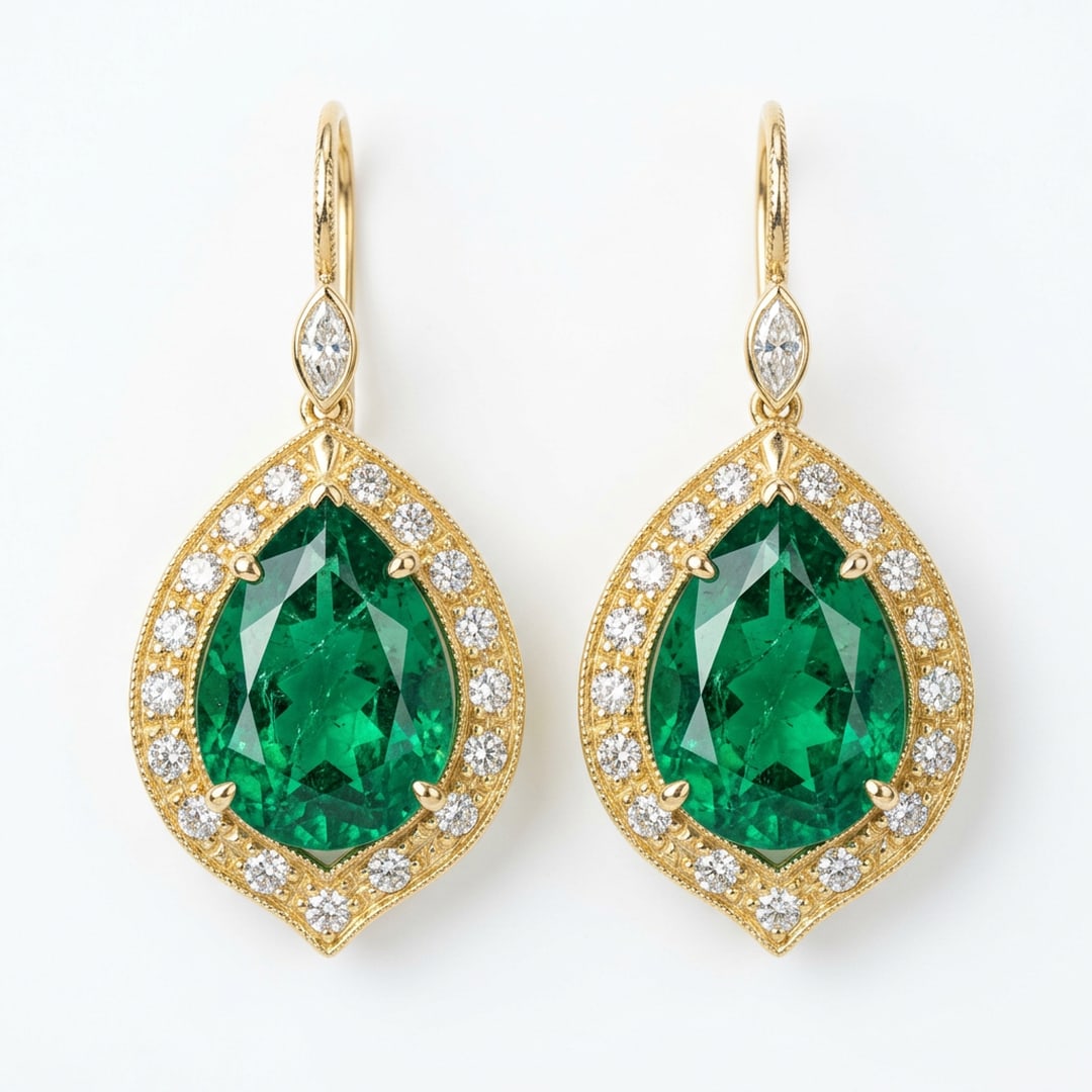 14K Yellow Gold 4.00 TCW Pear-Cut Lab-Grown Green Emerald and White Diamond Halo Drop Earrings: A breathtaking and majestic pair of 14K yellow gold drop earrings featuring certified pear-cut green lab-grown emerald dangling centerpieces totaling 4.00 total carat weight. Each lush, saturated gree