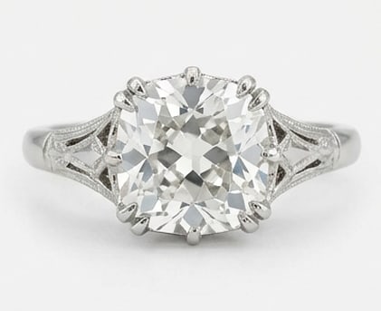 14K White Gold 7.50 TCW Cushion-Cut White Lab-Grown Diamond Antique Filigree Statement Ring: A breathtaking and romantic 14K white gold luxury statement ring featuring a magnificent certified 7.50 total carat weight cushion-cut white lab-grown diamond centerpiece. The commanding focal gemston